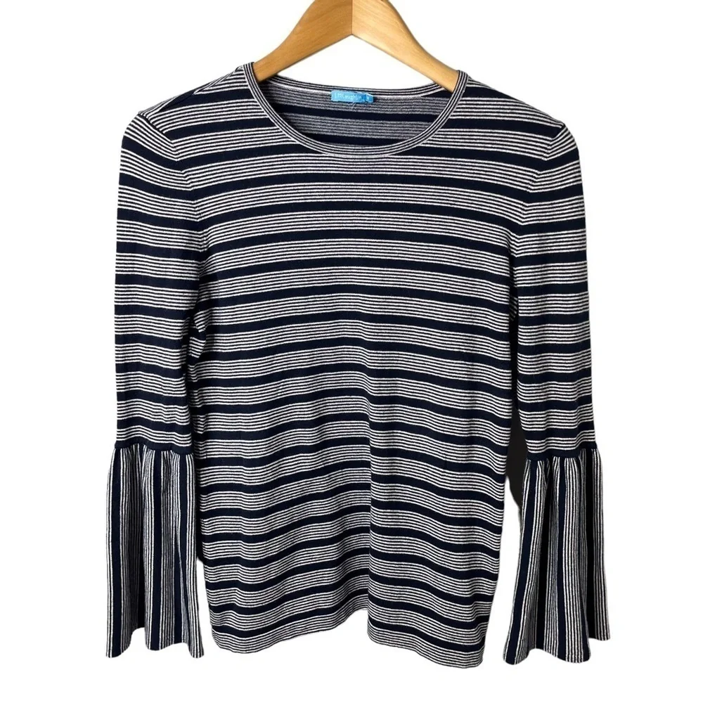 J McLaughlin Daryn Striped Bell Sleeve Sweater Top Navy White Size Small